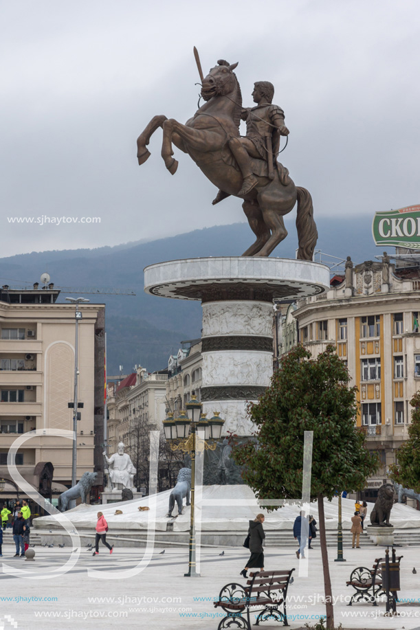 SKOPJE, REPUBLIC OF MACEDONIA - FEBRUARY 24, 2018:  Skopje City Center and Alexander the Great Monument, Macedonia