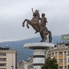 SKOPJE, REPUBLIC OF MACEDONIA - FEBRUARY 24, 2018:  Skopje City Center and Alexander the Great Monument, Macedonia