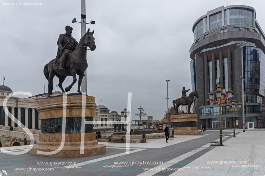SKOPJE, REPUBLIC OF MACEDONIA - FEBRUARY 24, 2018:  Skopje City Center - Dame Gruev and Gotse Delchev Monuments, Macedonia