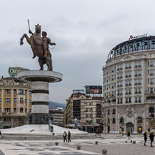 SKOPJE, REPUBLIC OF MACEDONIA - FEBRUARY 24, 2018:  Skopje City Center and Alexander the Great Monument, Macedonia