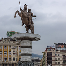 SKOPJE, REPUBLIC OF MACEDONIA - FEBRUARY 24, 2018:  Skopje City Center and Alexander the Great Monument, Macedonia