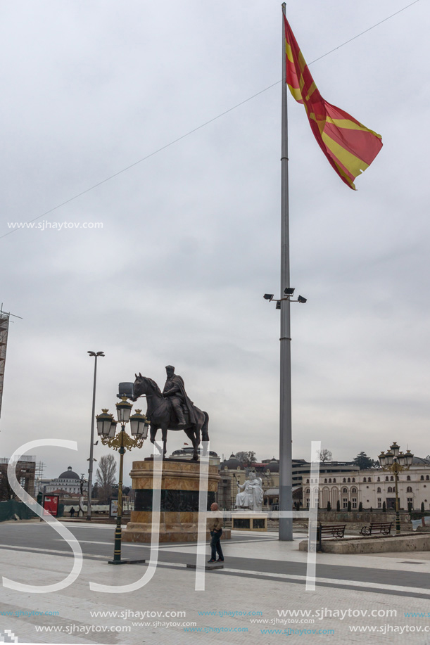 SKOPJE, REPUBLIC OF MACEDONIA - FEBRUARY 24, 2018:  Skopje City Center and Dame Gruev Monument, Macedonia