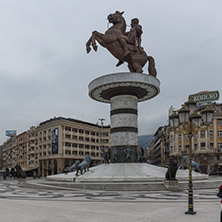 SKOPJE, REPUBLIC OF MACEDONIA - FEBRUARY 24, 2018:  Skopje City Center and Alexander the Great Monument, Macedonia