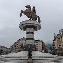 SKOPJE, REPUBLIC OF MACEDONIA - FEBRUARY 24, 2018:  Skopje City Center and Alexander the Great Monument, Macedonia