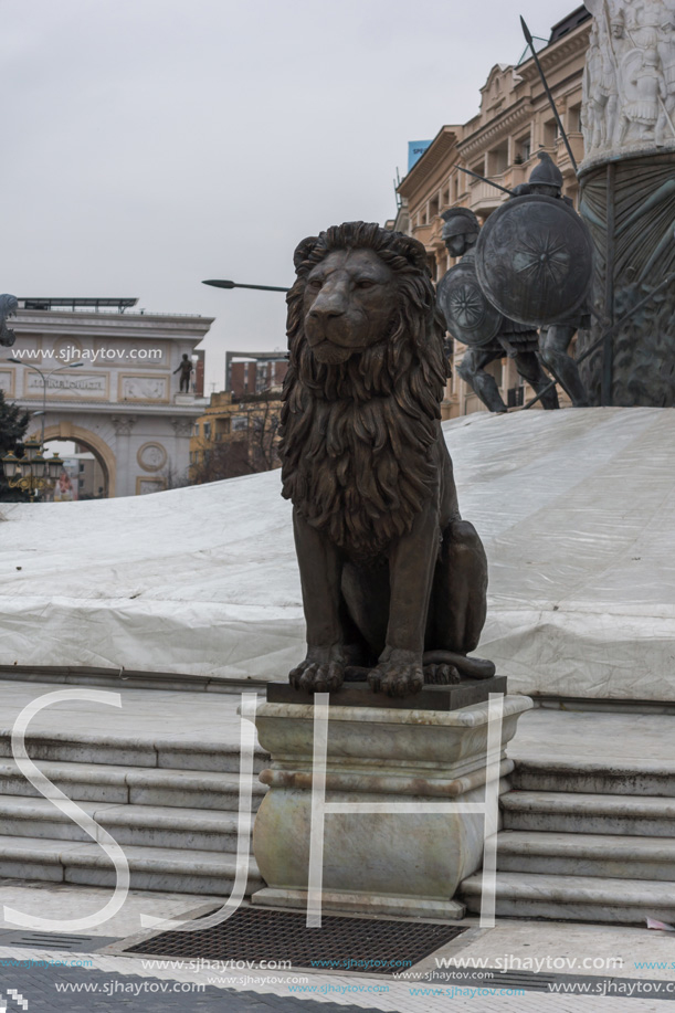 SKOPJE, REPUBLIC OF MACEDONIA - FEBRUARY 24, 2018:  Lyon statue at Skopje City Center and Alexander the Great Monument, Macedonia