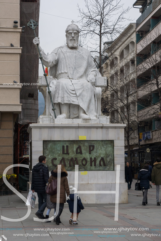 SKOPJE, REPUBLIC OF MACEDONIA - FEBRUARY 24, 2018:  Skopje City Center and Tsar Samuel Monument, Macedonia