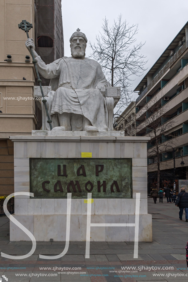 SKOPJE, REPUBLIC OF MACEDONIA - FEBRUARY 24, 2018:  Skopje City Center and Tsar Samuel Monument, Macedonia