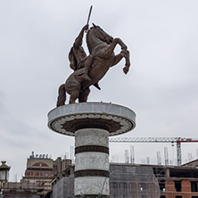 SKOPJE, REPUBLIC OF MACEDONIA - FEBRUARY 24, 2018:  Skopje City Center and Alexander the Great Monument, Macedonia