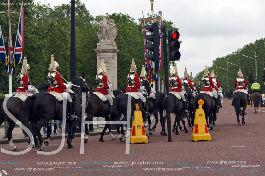 LONDON, ENGLAND - JUNE 17, 2016: British Royal guards perform the Changing of the Guard in Buckingham Palace, London, England, Great Britain