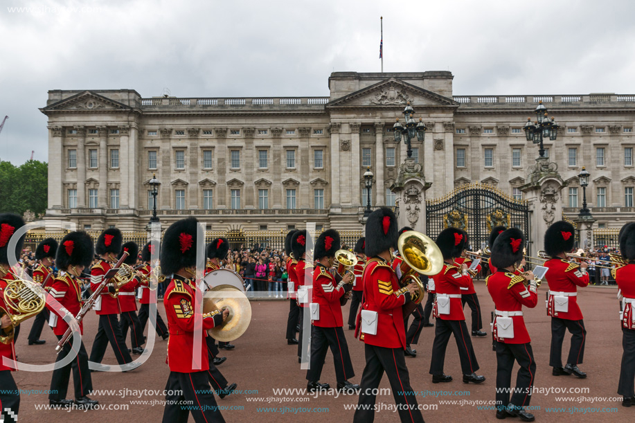 LONDON, ENGLAND - JUNE 17, 2016: British Royal guards perform the Changing of the Guard in Buckingham Palace, London, England, Great Britain