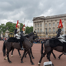 LONDON, ENGLAND - JUNE 17, 2016: British Royal guards perform the Changing of the Guard in Buckingham Palace, London, England, Great Britain