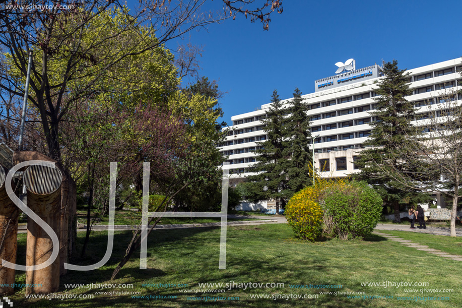 SANDANSKI, BULGARIA - APRIL 4, 2018: The Center and Pedestrian street and Interhotel Sandanski in town of Sandanski, Bulgaria