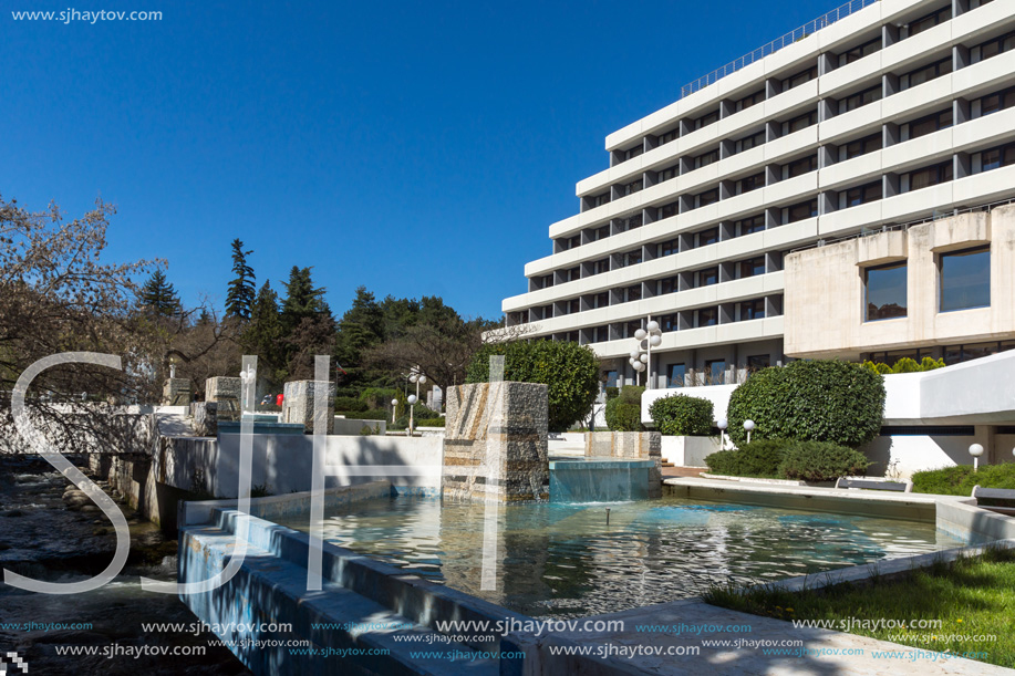 SANDANSKI, BULGARIA - APRIL 4, 2018: The Center and Pedestrian street and Interhotel Sandanski in town of Sandanski, Bulgaria