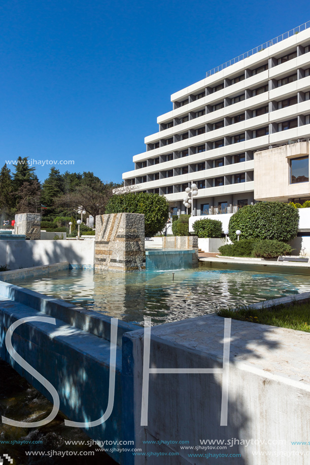 SANDANSKI, BULGARIA - APRIL 4, 2018: The Center and Pedestrian street and Interhotel Sandanski in town of Sandanski, Bulgaria