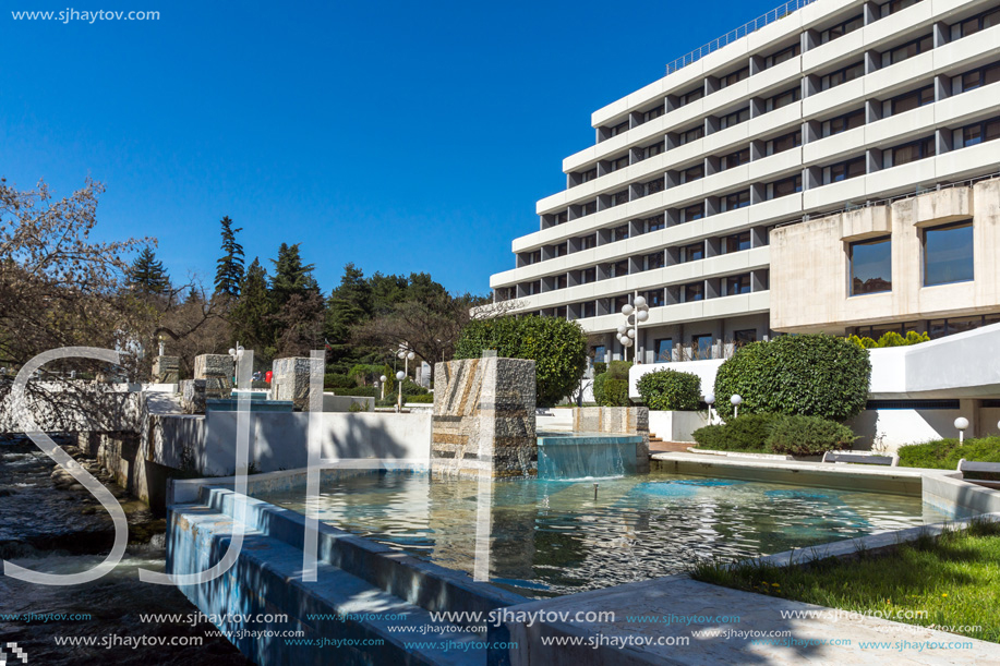 SANDANSKI, BULGARIA - APRIL 4, 2018: The Center and Pedestrian street and Interhotel Sandanski in town of Sandanski, Bulgaria