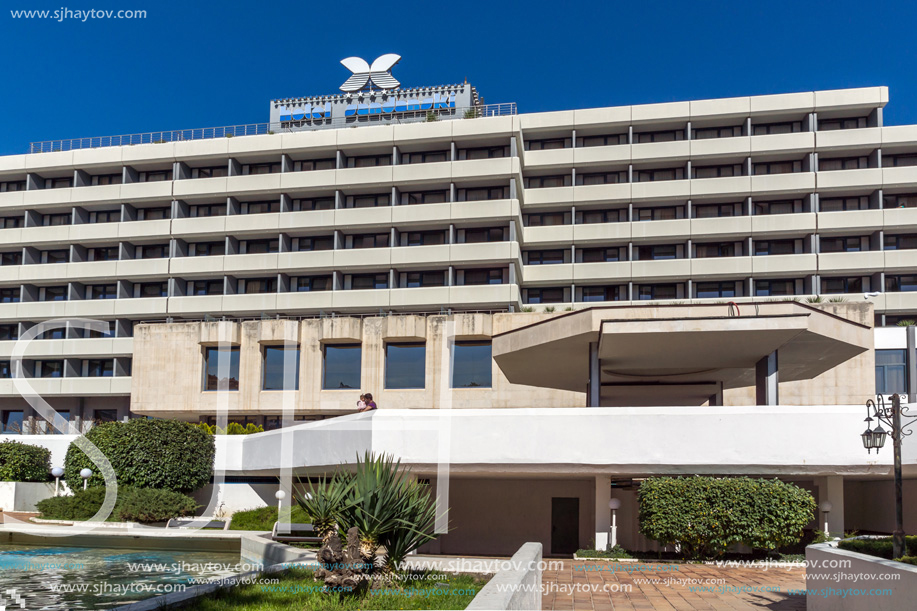 SANDANSKI, BULGARIA - APRIL 4, 2018: The Center and Pedestrian street and Interhotel Sandanski in town of Sandanski, Bulgaria