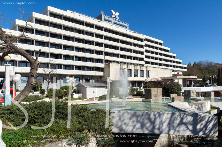 SANDANSKI, BULGARIA - APRIL 4, 2018: The Center and Pedestrian street and Interhotel Sandanski in town of Sandanski, Bulgaria