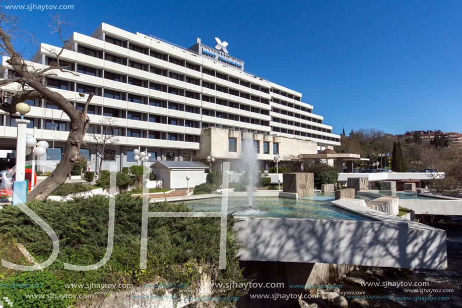 SANDANSKI, BULGARIA - APRIL 4, 2018: The Center and Pedestrian street and Interhotel Sandanski in town of Sandanski, Bulgaria