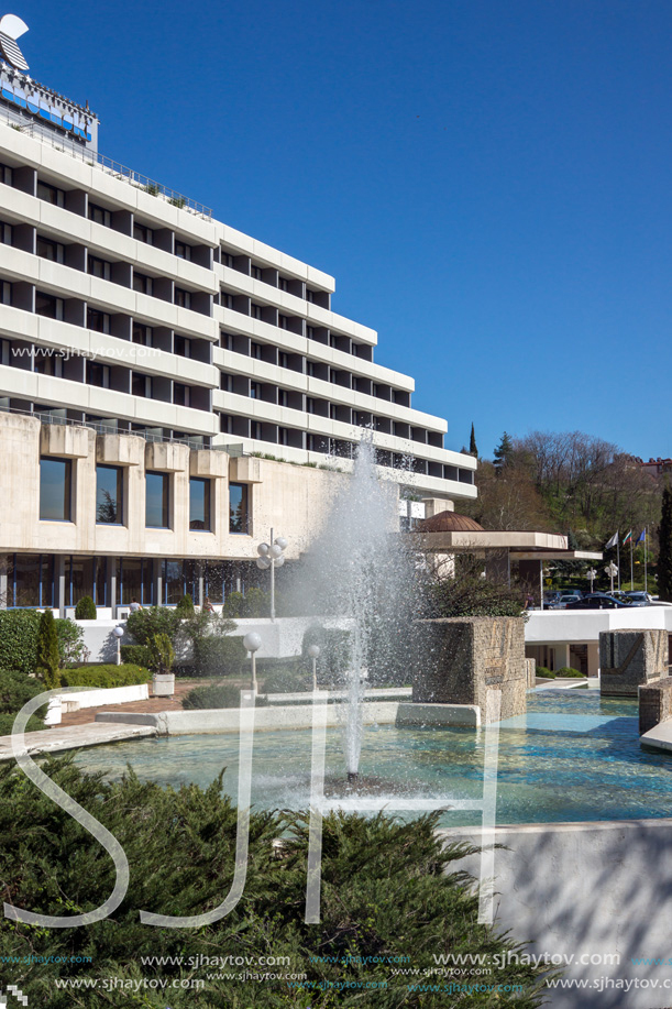 SANDANSKI, BULGARIA - APRIL 4, 2018: The Center and Pedestrian street and Interhotel Sandanski in town of Sandanski, Bulgaria