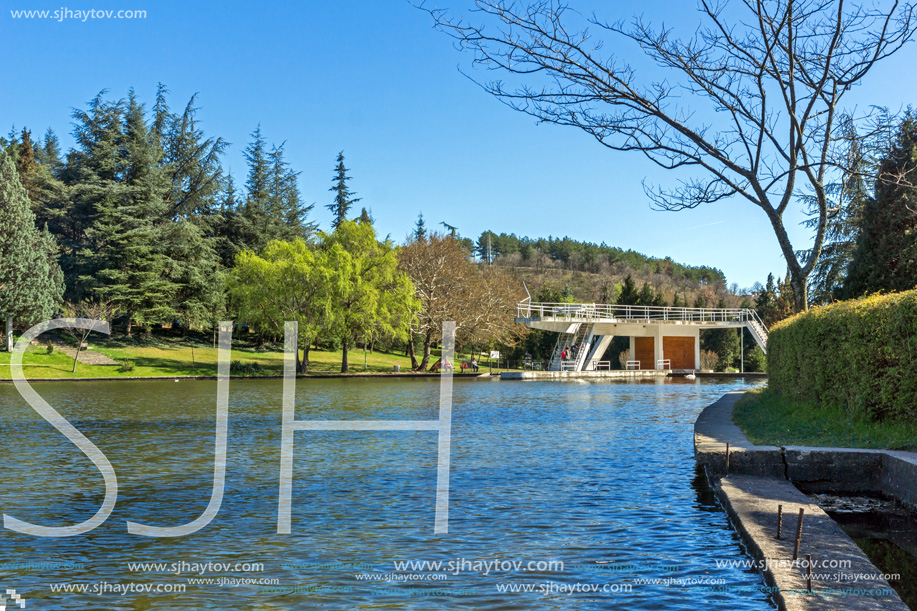 SANDANSKI, BULGARIA - APRIL 4, 2018: Spring view of lake in park St. Vrach in town of Sandanski, Bulgaria