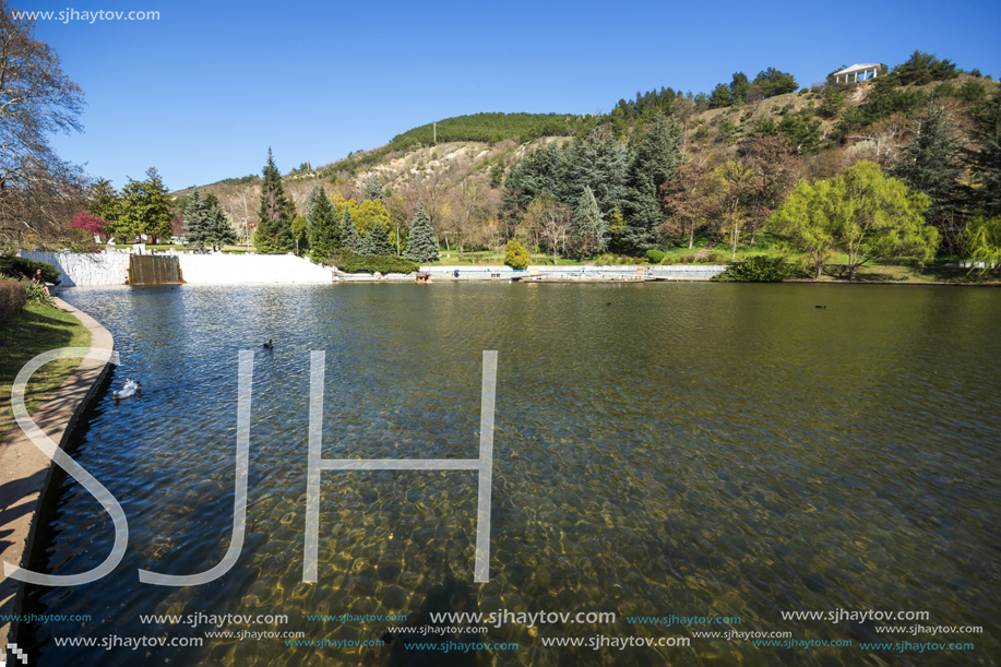 SANDANSKI, BULGARIA - APRIL 4, 2018: Spring view of lake in park St. Vrach in town of Sandanski, Bulgaria