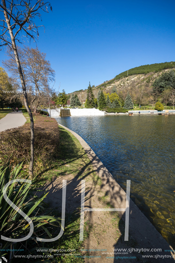 SANDANSKI, BULGARIA - APRIL 4, 2018: Spring view of lake in park St. Vrach in town of Sandanski, Bulgaria