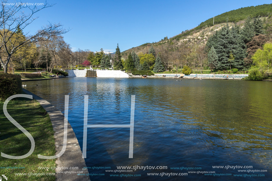 SANDANSKI, BULGARIA - APRIL 4, 2018: Spring view of lake in park St. Vrach in town of Sandanski, Bulgaria