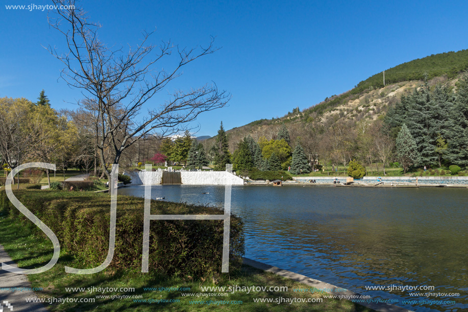 SANDANSKI, BULGARIA - APRIL 4, 2018: Spring view of lake in park St. Vrach in town of Sandanski, Bulgaria