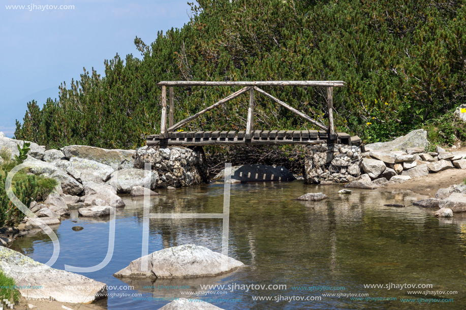 Landscape with wooden bridge over Banderitsa River, Pirin Mountain, Bulgaria