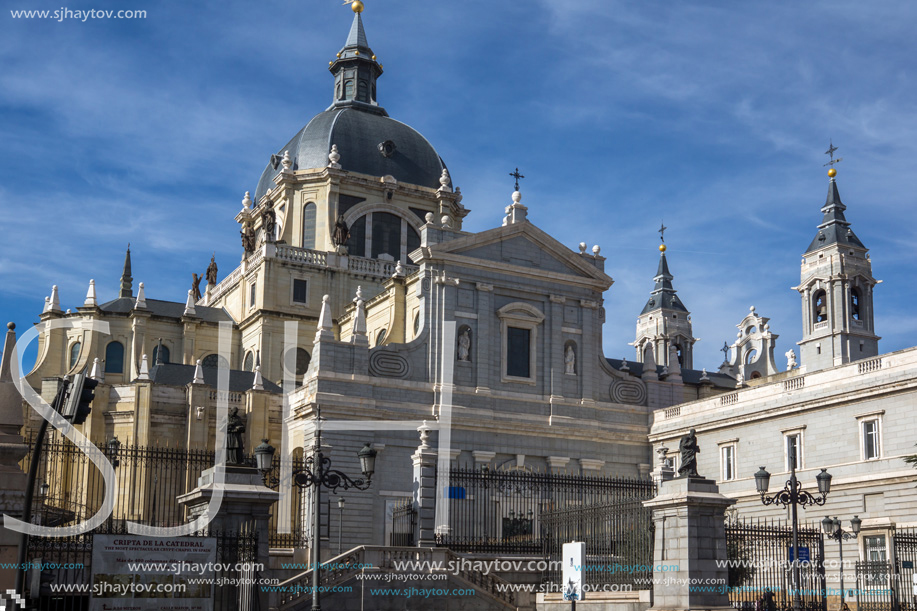 MADRID, SPAIN - JANUARY 23, 2018:  Amazing view of Almudena Cathedral in City of Madrid, Spain