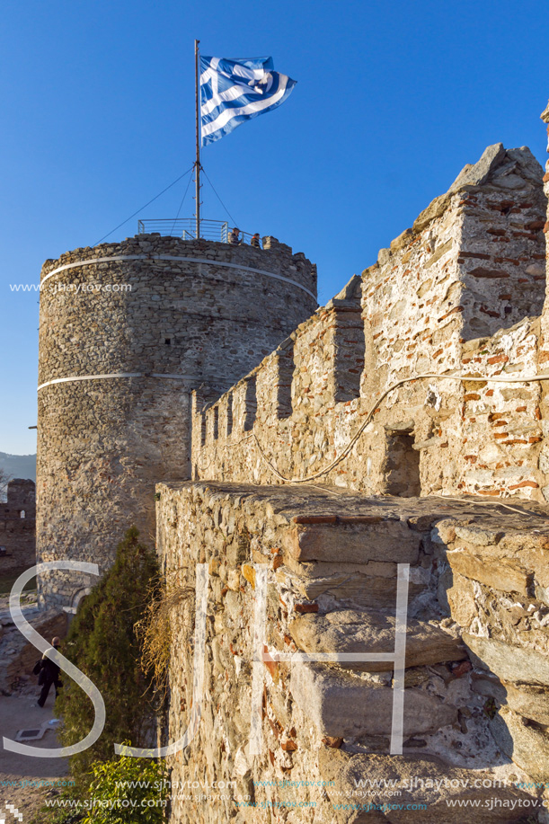 KAVALA, GREECE - DECEMBER 27, 2015: Sunset view of Ruins of fortress of Kavala, East Macedonia and Thrace, Greece