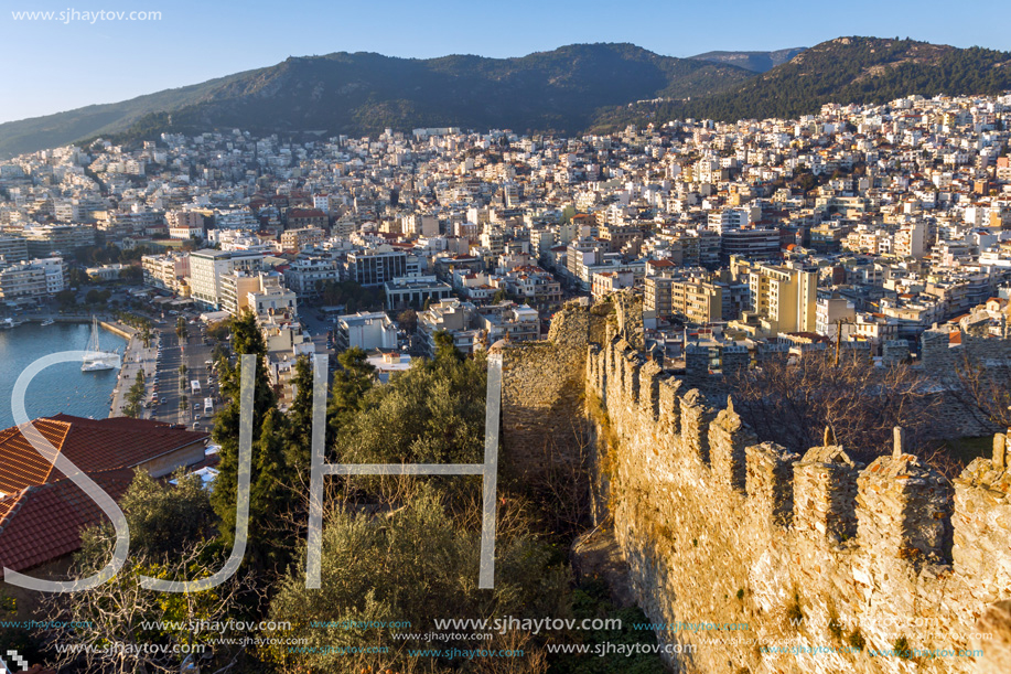 KAVALA, GREECE - DECEMBER 27, 2015: Sunset view of Ruins of fortress of Kavala, East Macedonia and Thrace, Greece