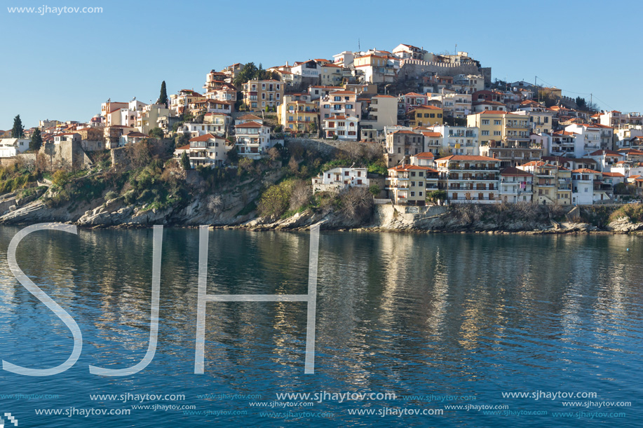 KAVALA, GREECE - DECEMBER 28, 2015: Panoramic view of Aegean sea and old town of Kavala, East Macedonia and Thrace, Greece