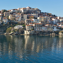 KAVALA, GREECE - DECEMBER 28, 2015: Panoramic view of Aegean sea and old town of Kavala, East Macedonia and Thrace, Greece