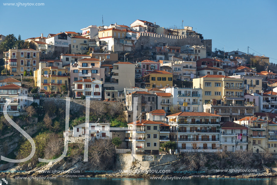 KAVALA, GREECE - DECEMBER 28, 2015: Panoramic view of Aegean sea and old town of Kavala, East Macedonia and Thrace, Greece