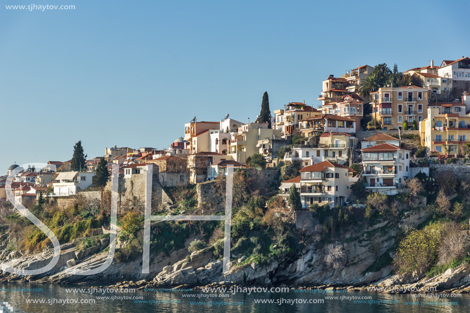 KAVALA, GREECE - DECEMBER 28, 2015: Panoramic view of Aegean sea and old town of Kavala, East Macedonia and Thrace, Greece