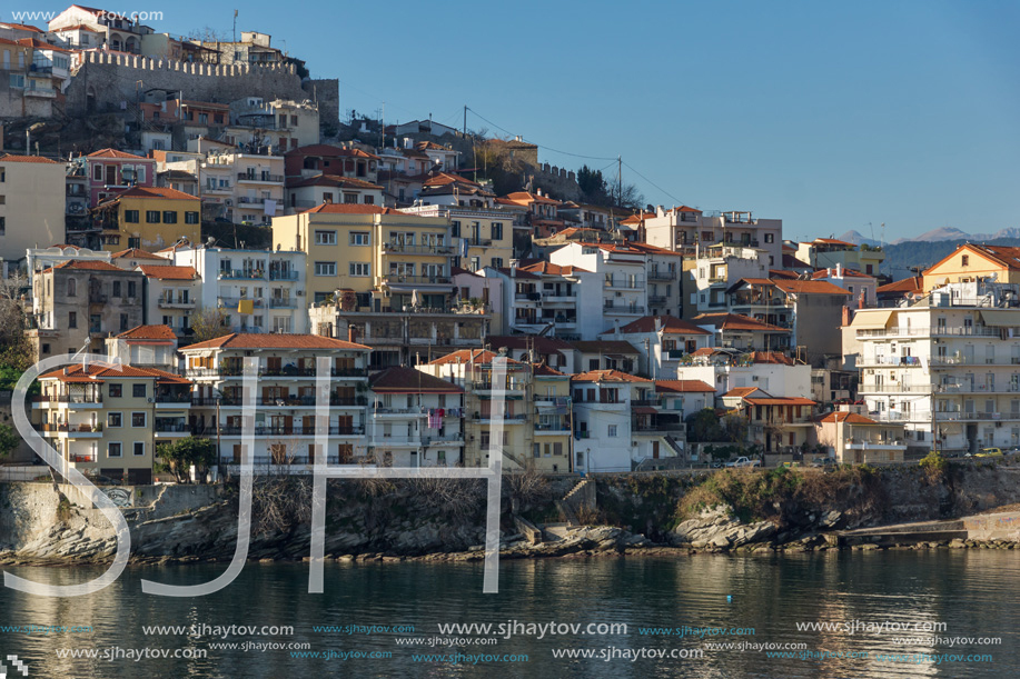 KAVALA, GREECE - DECEMBER 28, 2015: Panoramic view of Aegean sea and old town of Kavala, East Macedonia and Thrace, Greece