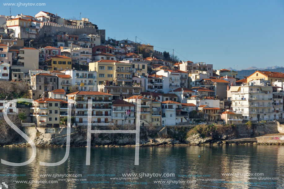 KAVALA, GREECE - DECEMBER 28, 2015: Panoramic view of Aegean sea and old town of Kavala, East Macedonia and Thrace, Greece