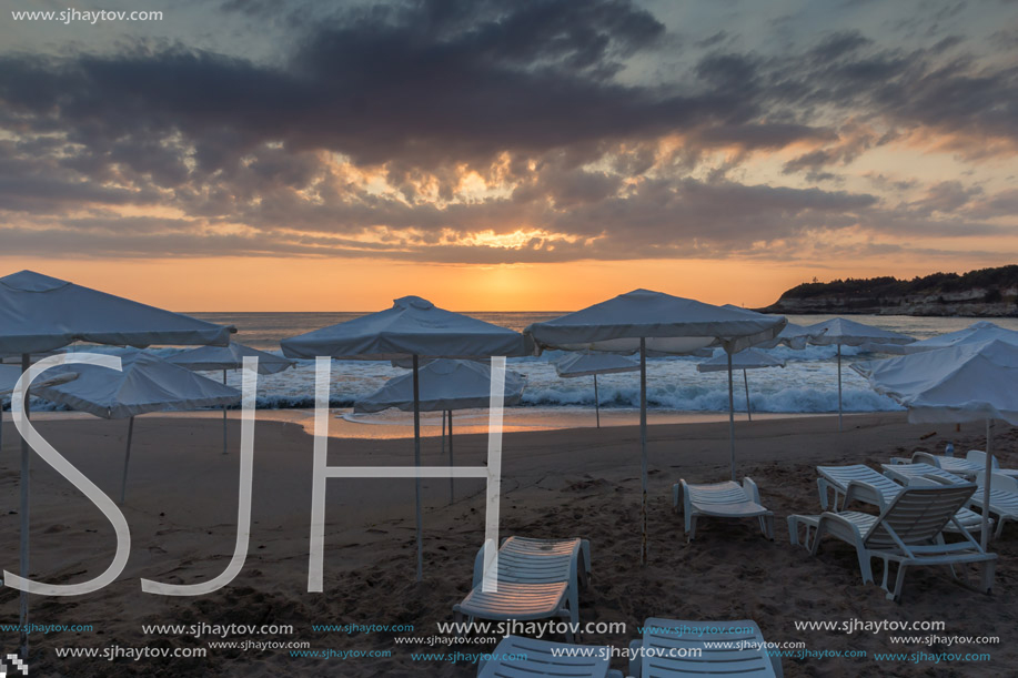 TSAREVO, BULGARIA - JULY 3, 2013:  Sunrise Panorama from Beach of town of Tsarevo, Burgas Region, Bulgaria