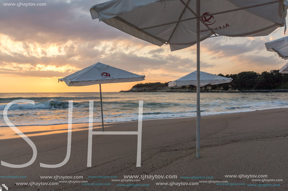 TSAREVO, BULGARIA - JULY 3, 2013:  Sunrise Panorama from Beach of town of Tsarevo, Burgas Region, Bulgaria