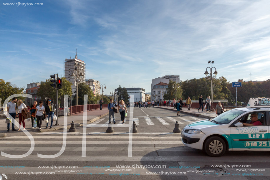 NIS, SERBIA- OCTOBER 21, 2017: Panoramic view of City of Nis and Bridge over Nisava River, Serbia