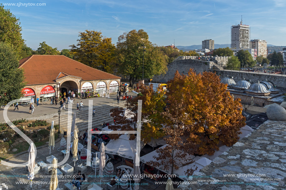 NIS, SERBIA- OCTOBER 21, 2017: Panoramic view of City of Nis and Bridge over Nisava River, Serbia