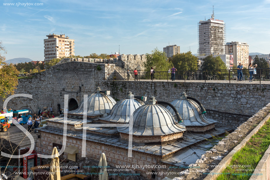 NIS, SERBIA- OCTOBER 21, 2017: Panoramic view of City of Nis and Bridge over Nisava River, Serbia