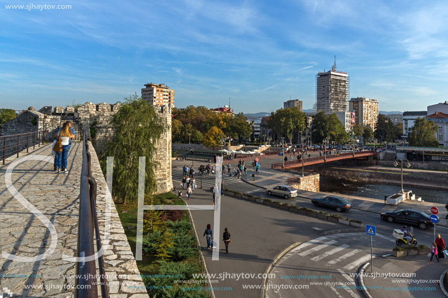 NIS, SERBIA- OCTOBER 21, 2017: Panoramic view of City of Nis and Bridge over Nisava River, Serbia