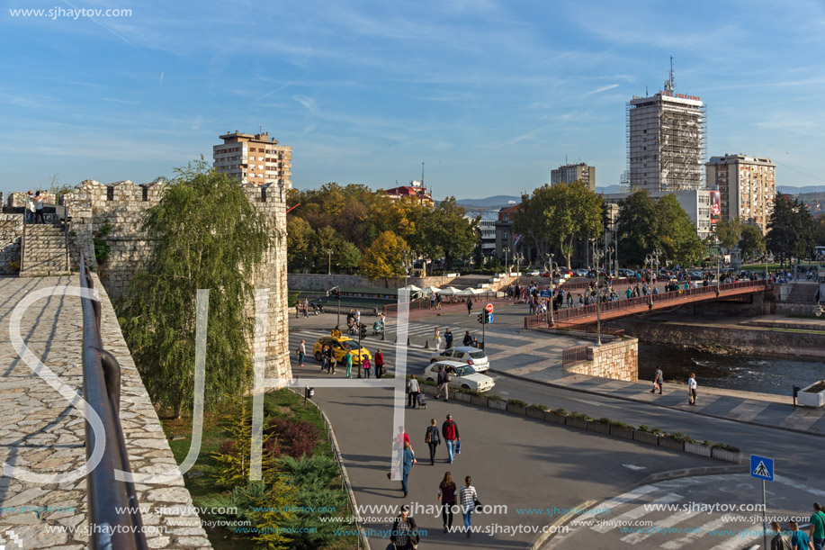 NIS, SERBIA- OCTOBER 21, 2017: Panoramic view of City of Nis and Bridge over Nisava River, Serbia