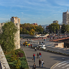 NIS, SERBIA- OCTOBER 21, 2017: Panoramic view of City of Nis and Bridge over Nisava River, Serbia