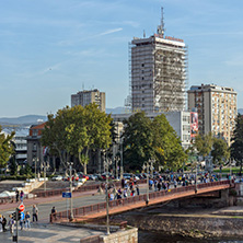 NIS, SERBIA- OCTOBER 21, 2017: Panoramic view of City of Nis and Bridge over Nisava River, Serbia