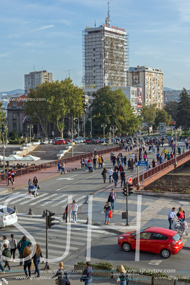 NIS, SERBIA- OCTOBER 21, 2017: Panoramic view of City of Nis and Bridge over Nisava River, Serbia