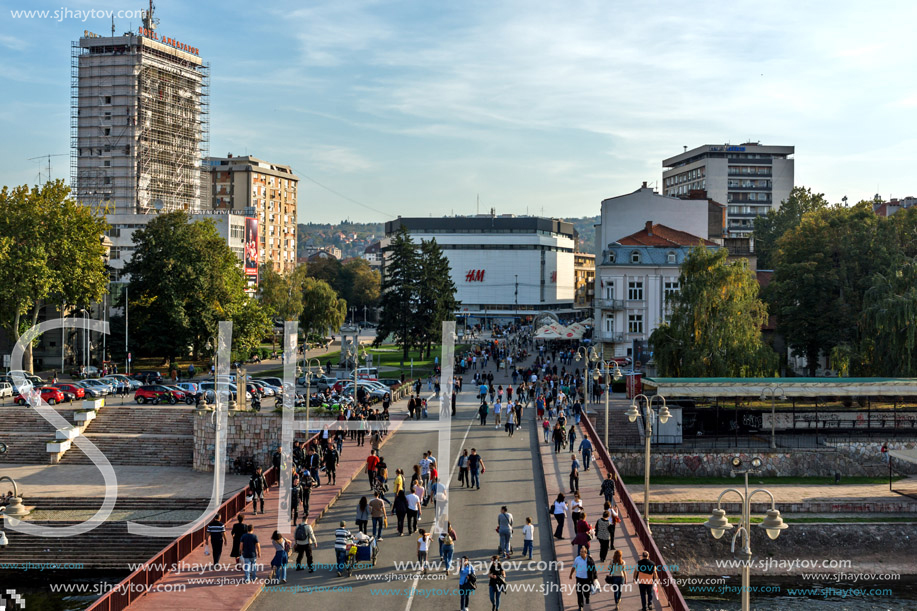 NIS, SERBIA- OCTOBER 21, 2017: Panoramic view of City of Nis and Bridge over Nisava River, Serbia