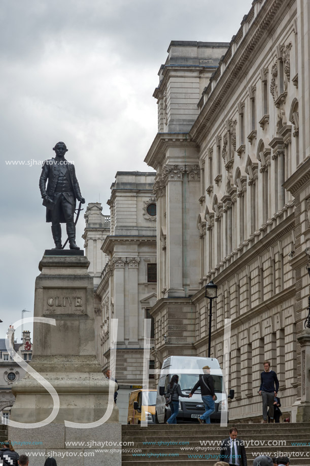 LONDON, ENGLAND - JUNE 17, 2016: Churchill War Rooms and Robert Clive Memorial seen from King Charles street in London, England, Great Britain